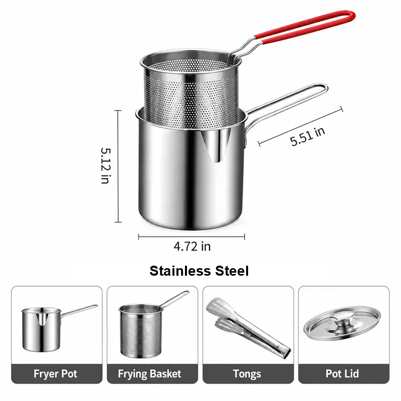 Mini fryer pot dimensions and included basket, tongs, and lid