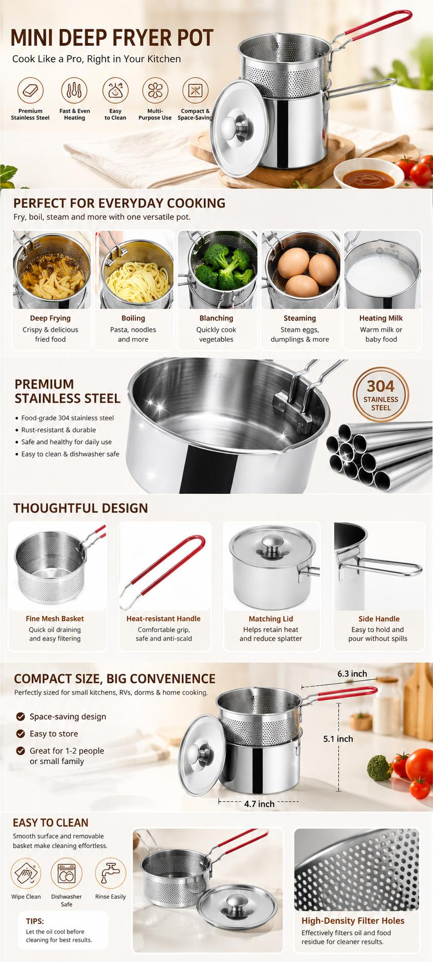 Mini deep fryer pot overview with cooking uses, stainless steel construction, parts, dimensions, and cleaning features