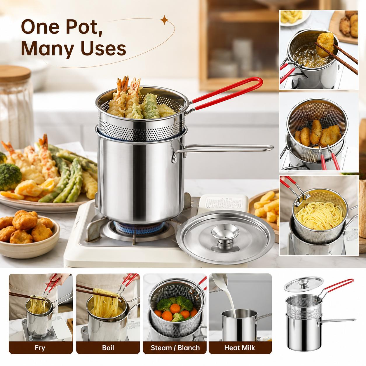 Mini fryer pot used for frying, boiling, steaming, blanching, and warming milk