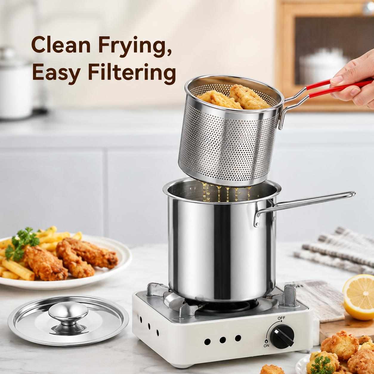 Removable basket draining fried food over the stainless steel pot