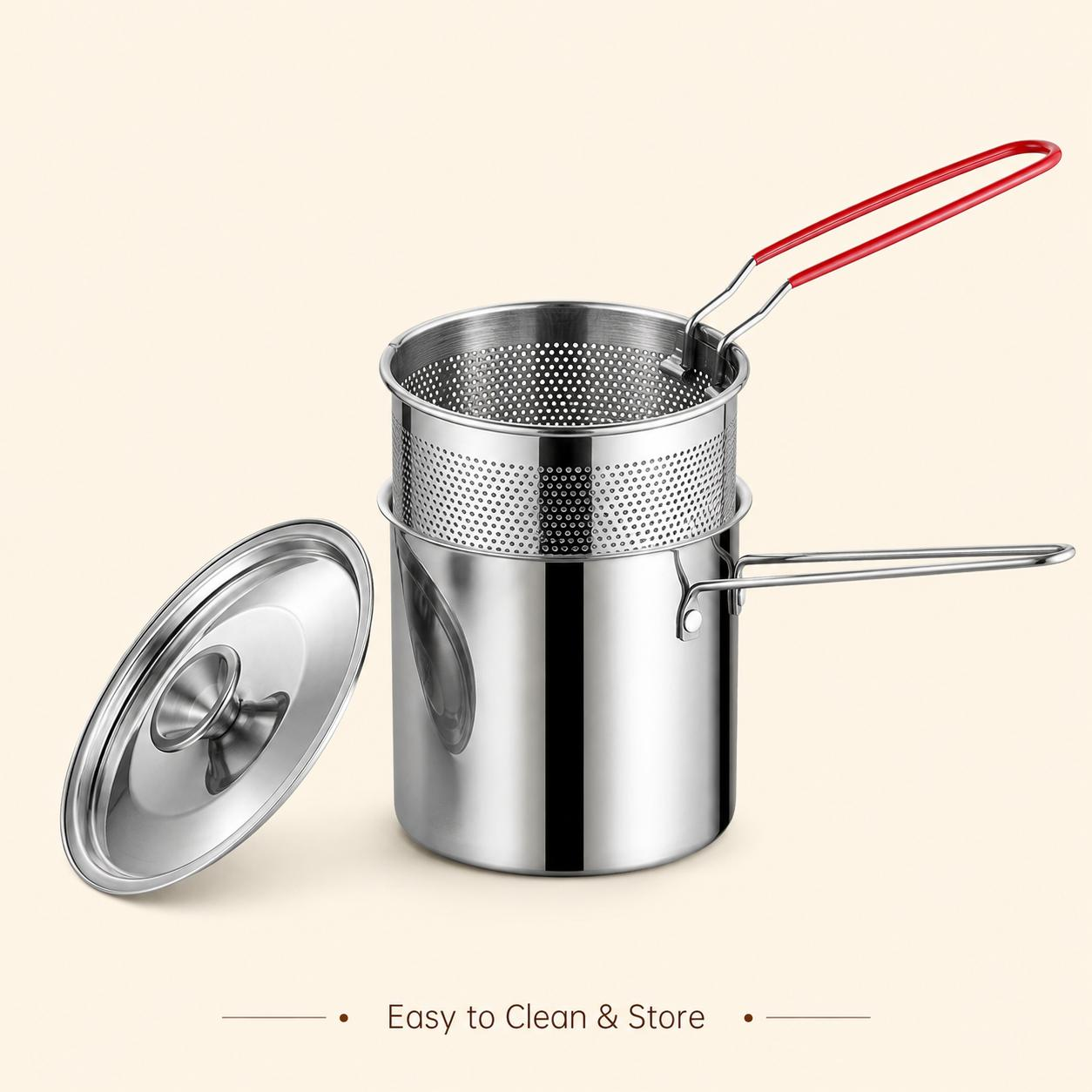 Mini fryer pot, removable basket, and lid arranged for cleaning and storage
