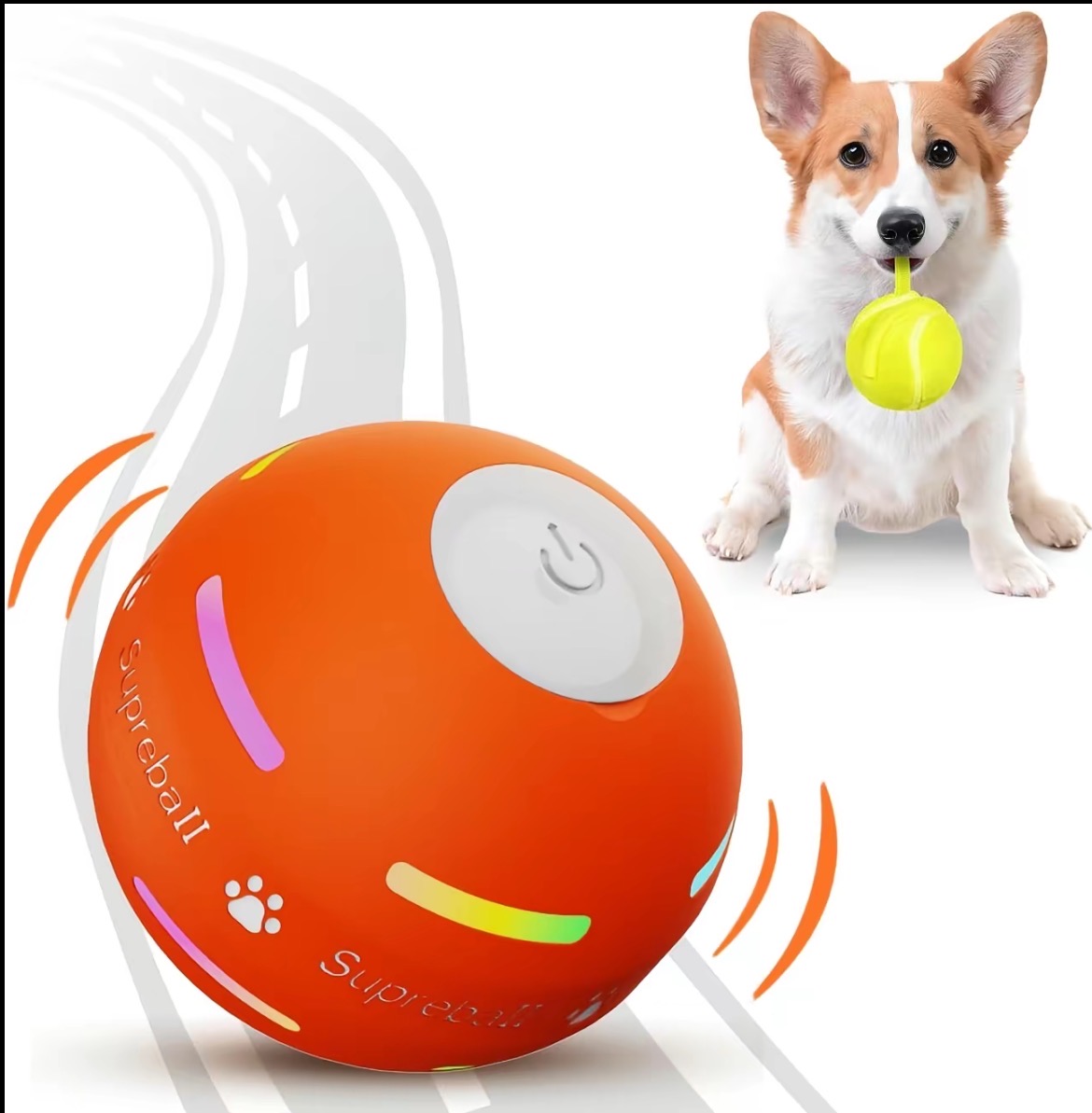 Orange interactive dog ball beside a dog holding the fluorescent tennis-style cover