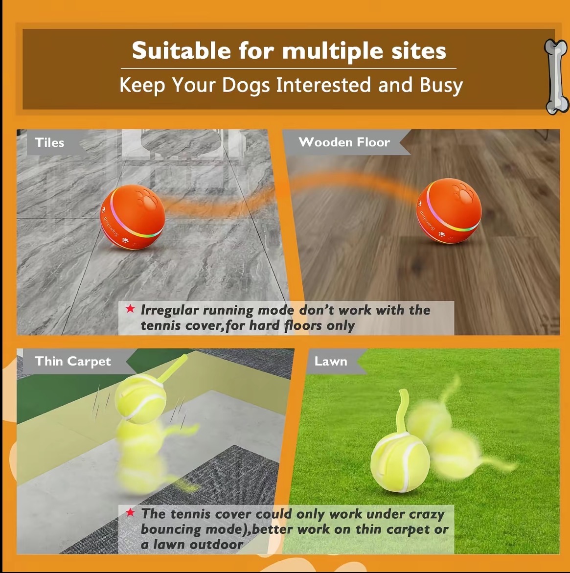 Dog ball play modes shown on tile, wood, thin carpet, and lawn
