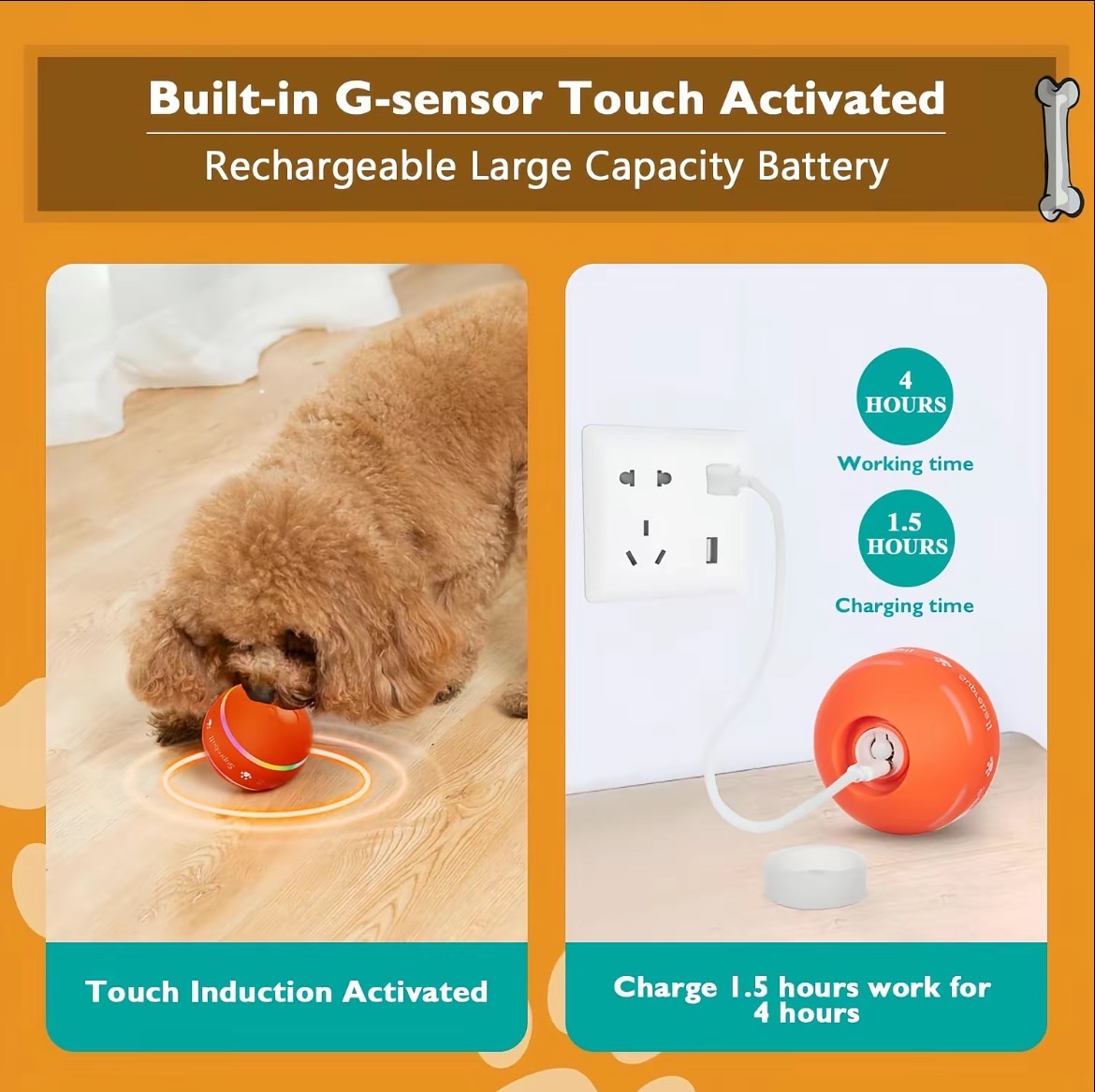 Touch-activated dog ball and USB charging connection