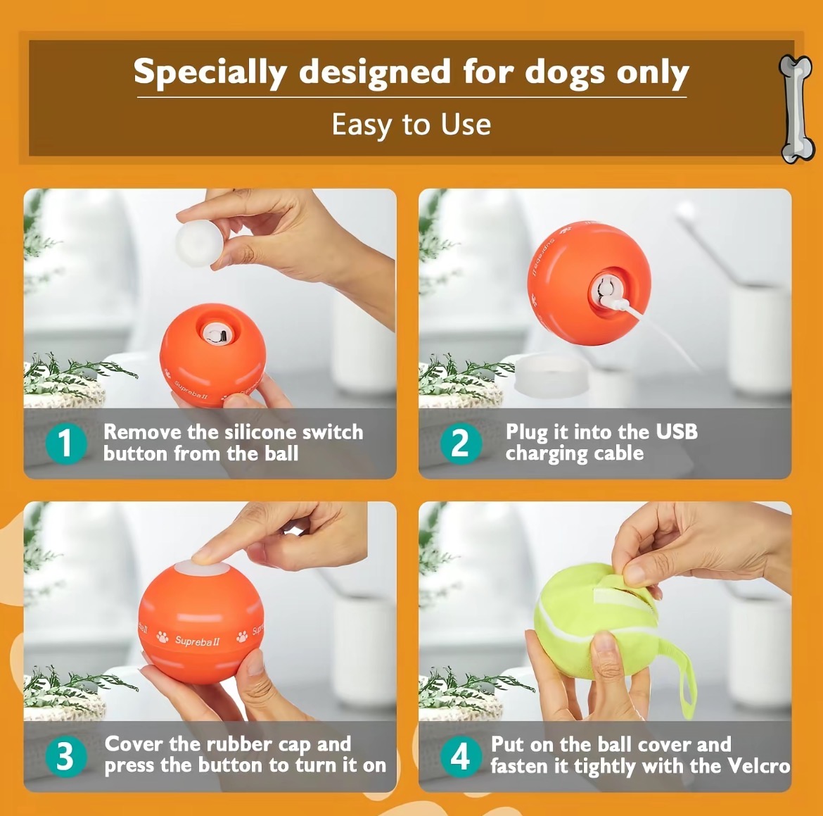 Four steps for charging and starting the interactive dog ball