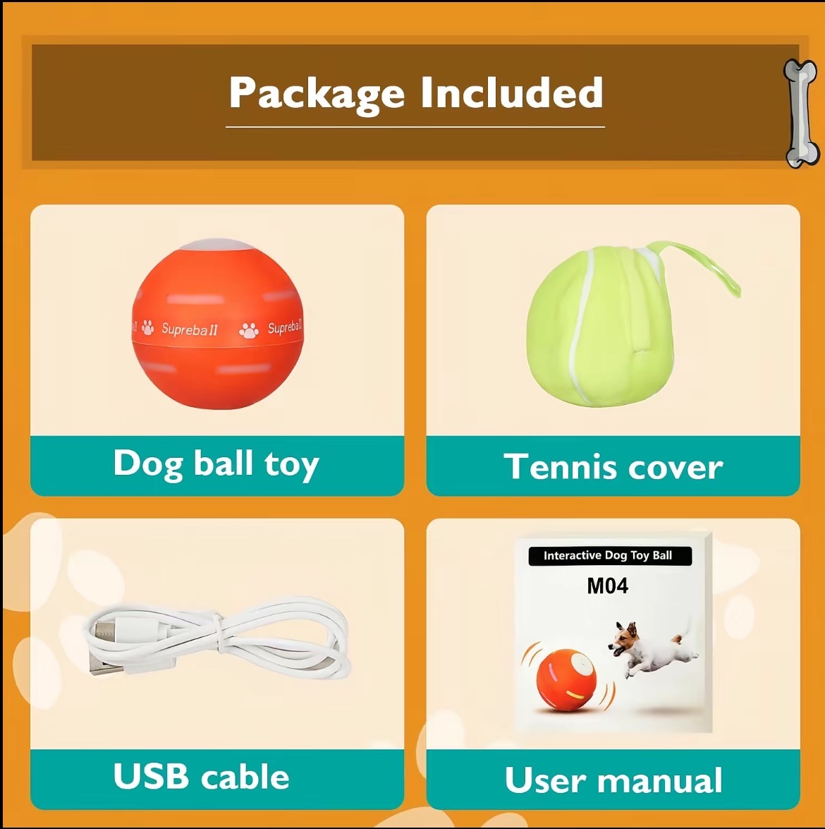Dog ball, removable cover, USB cable, and user manual