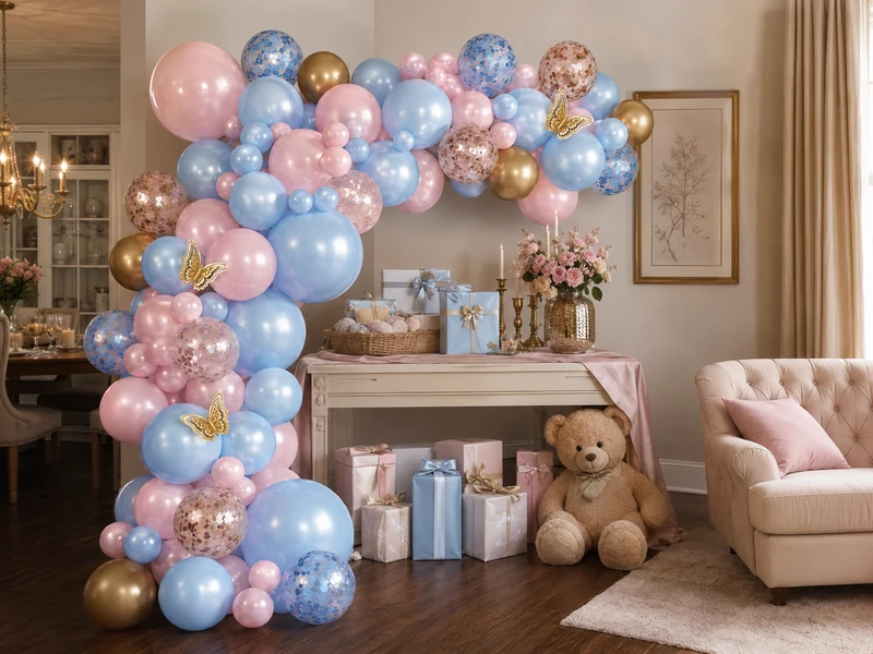 Pastel butterfly balloon arch with party gifts and teddy bear