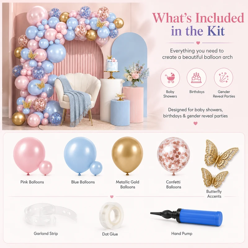 Included parts for the pink blue and gold butterfly balloon arch kit