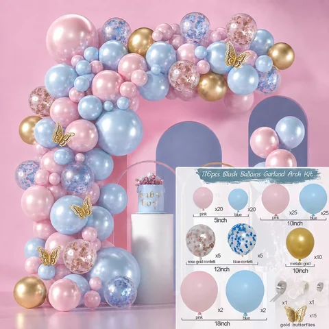 Pink blue and gold butterfly balloon arch kit display