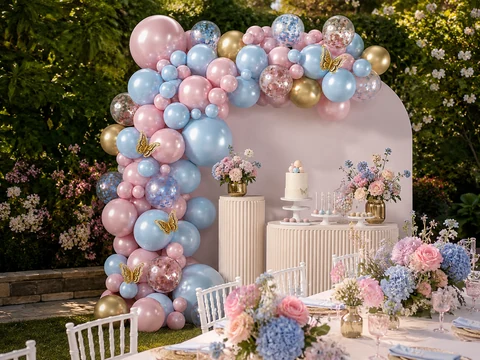 Pink blue and gold butterfly balloon arch in an outdoor garden