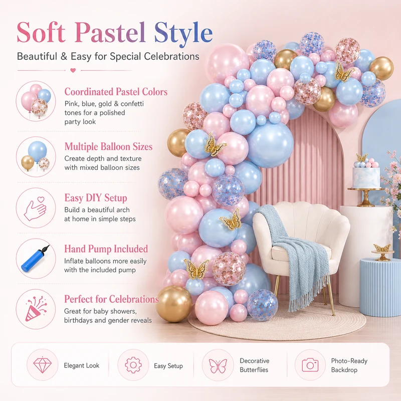 Soft pastel party decor with pink blue and gold balloons