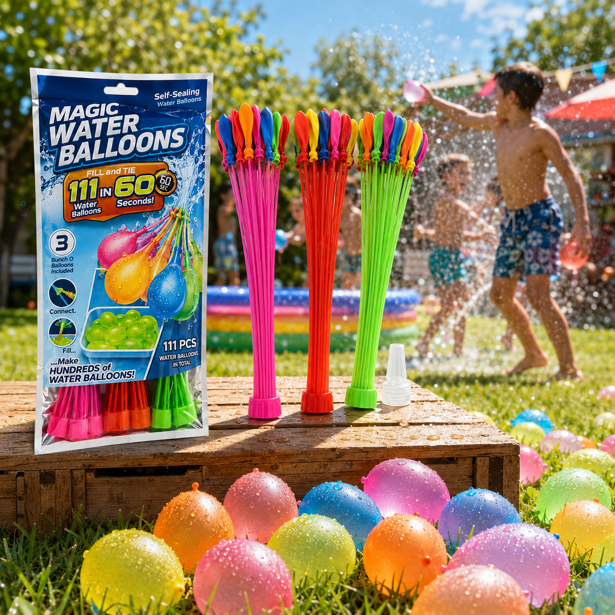 Water balloon pack at a backyard summer party