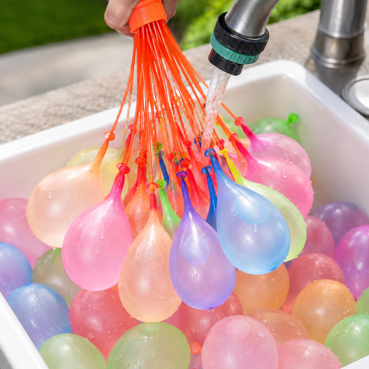 Connected water balloons filling together at a faucet
