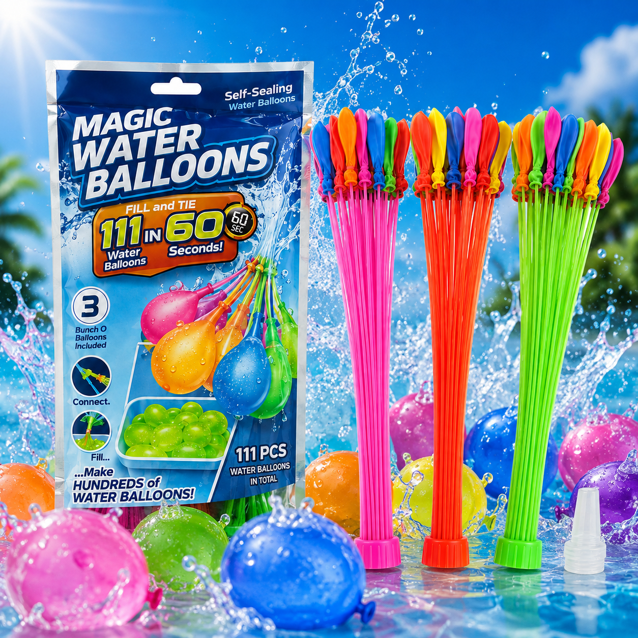 Rapid-fill water balloon pack in a colorful water scene