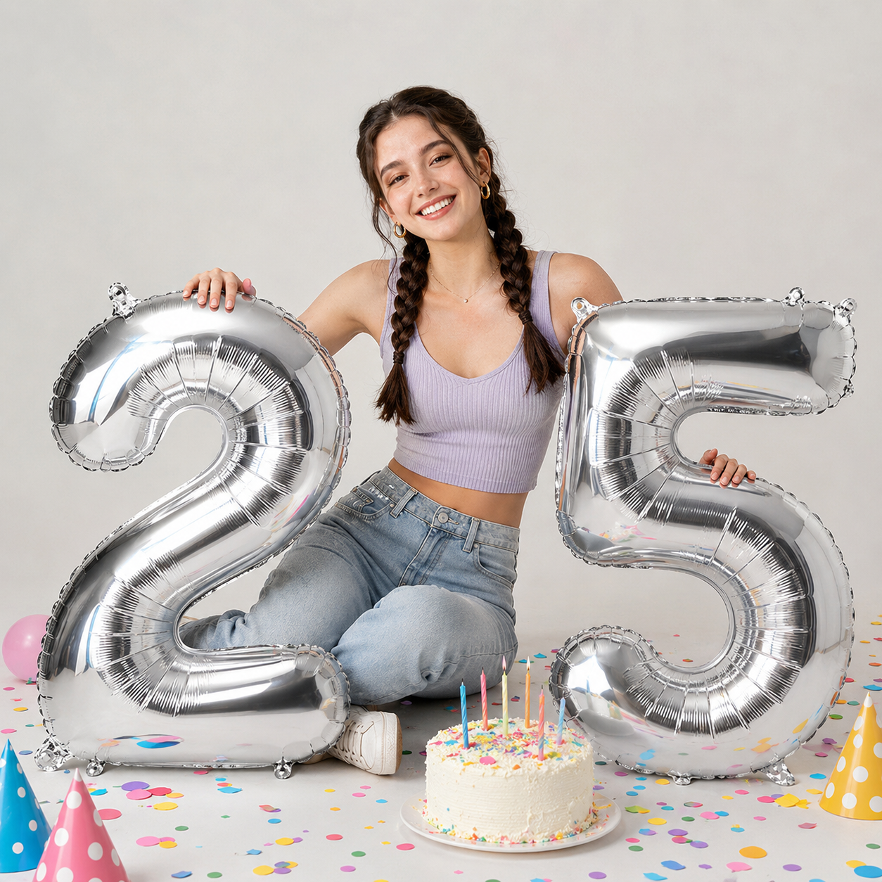Silver number balloons used for a birthday milestone display