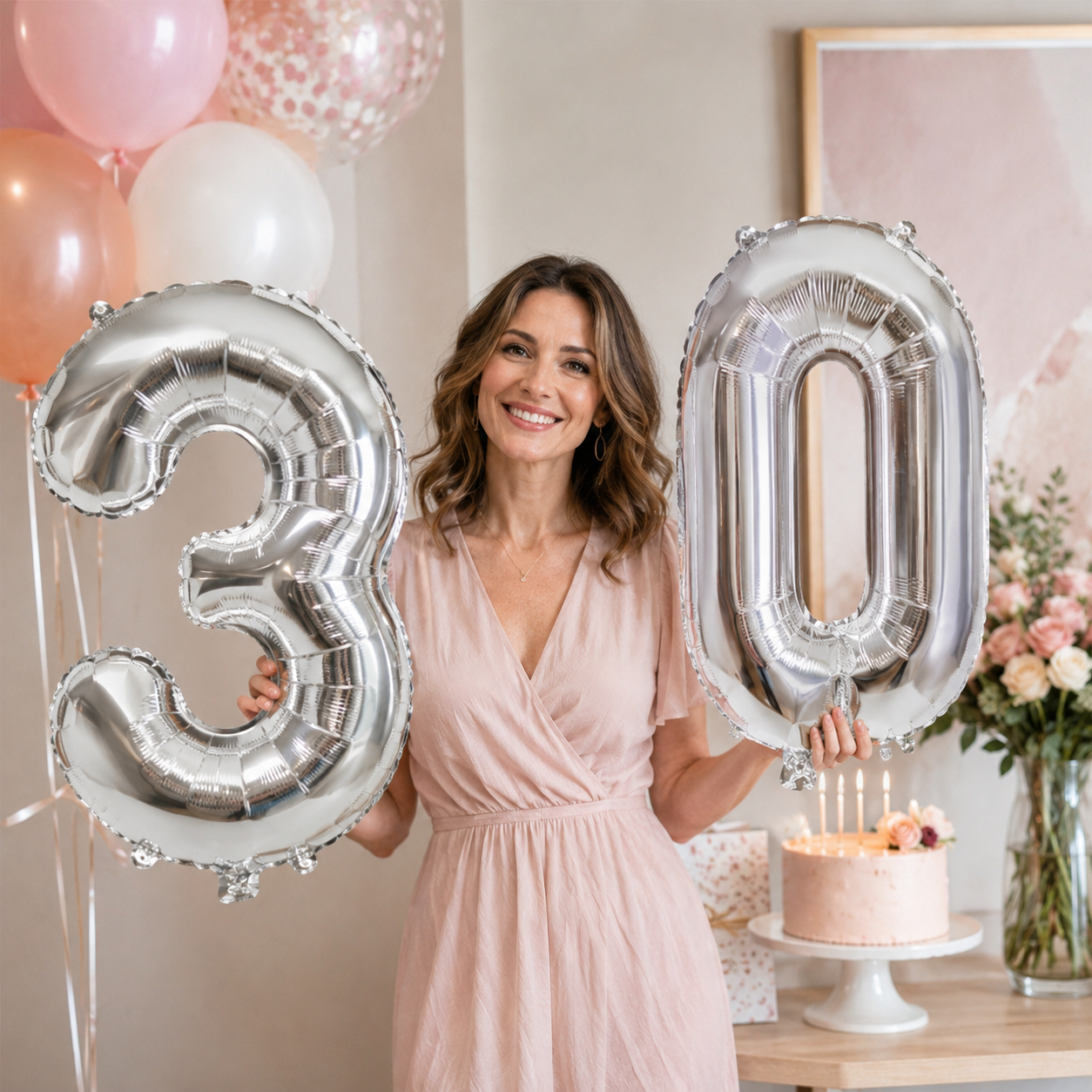 Silver number balloons beside a birthday cake